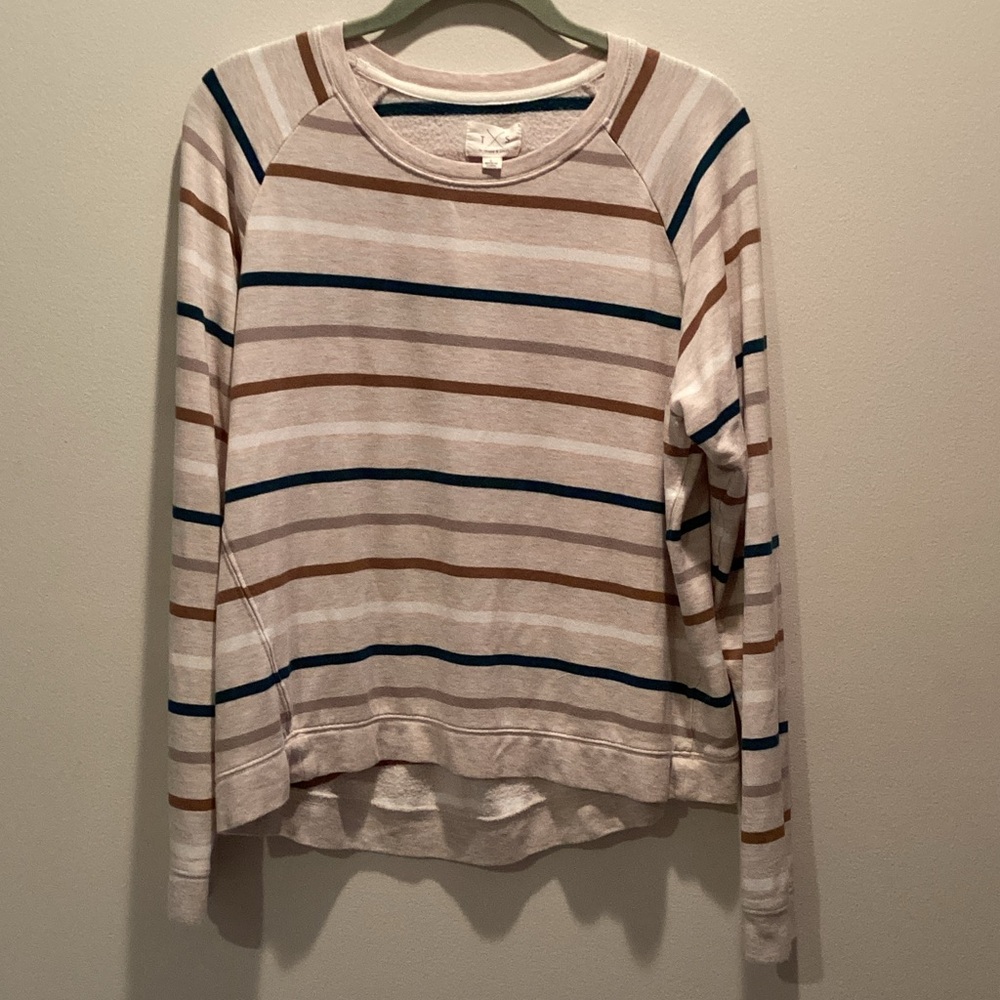 Striped Crewneck Pullover - Cream with Navy & Tan Stripes in size small